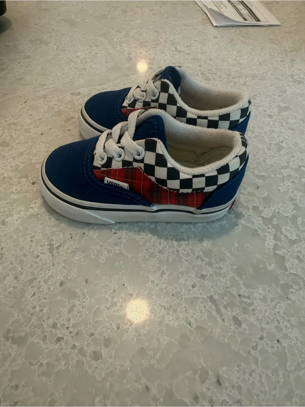 Like new Vans Toddler Blue Plaid & Black-White Check Skate Sneakers